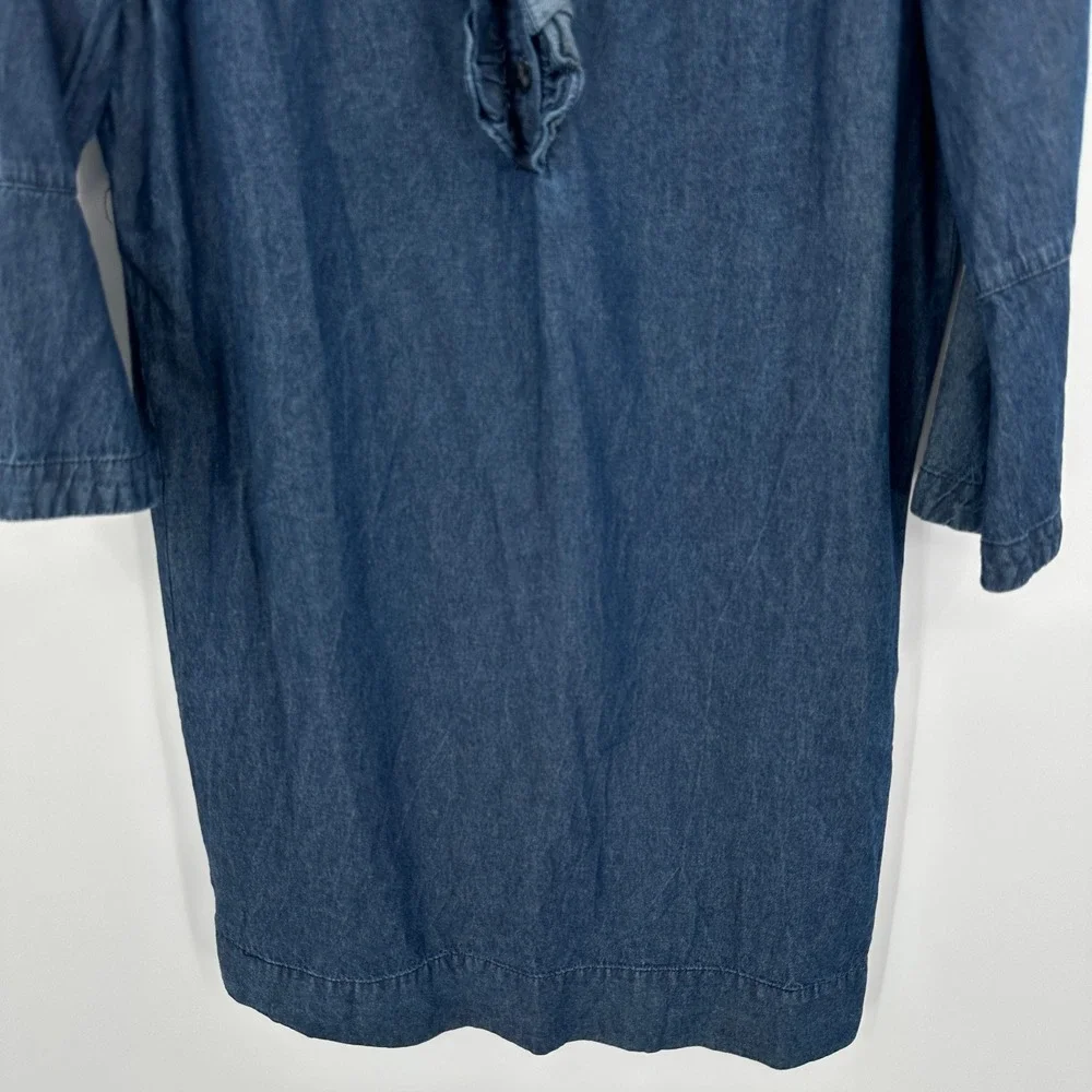 Draper James Womens Denim Dress Size 12 Blue Ruffle Front 3/4 Bell Sleeve‎